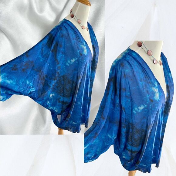 New! Multi-Blue Tie Dye Long Chiffon Kimono Beach Cover - Picture 4 of 8
